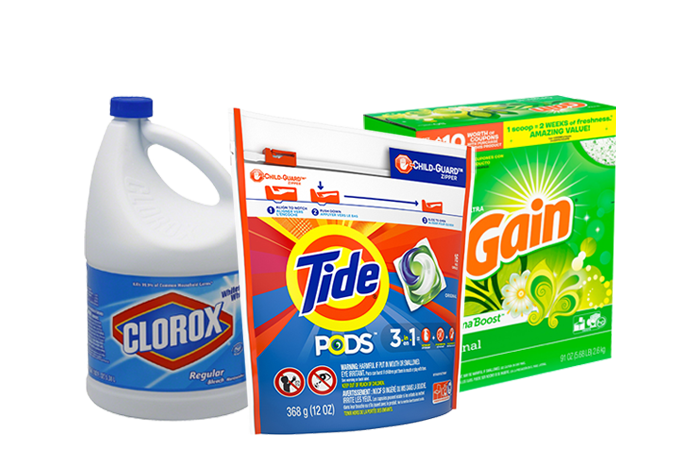 A display of laundry products, including tide pods, gain detergent, and chlorox